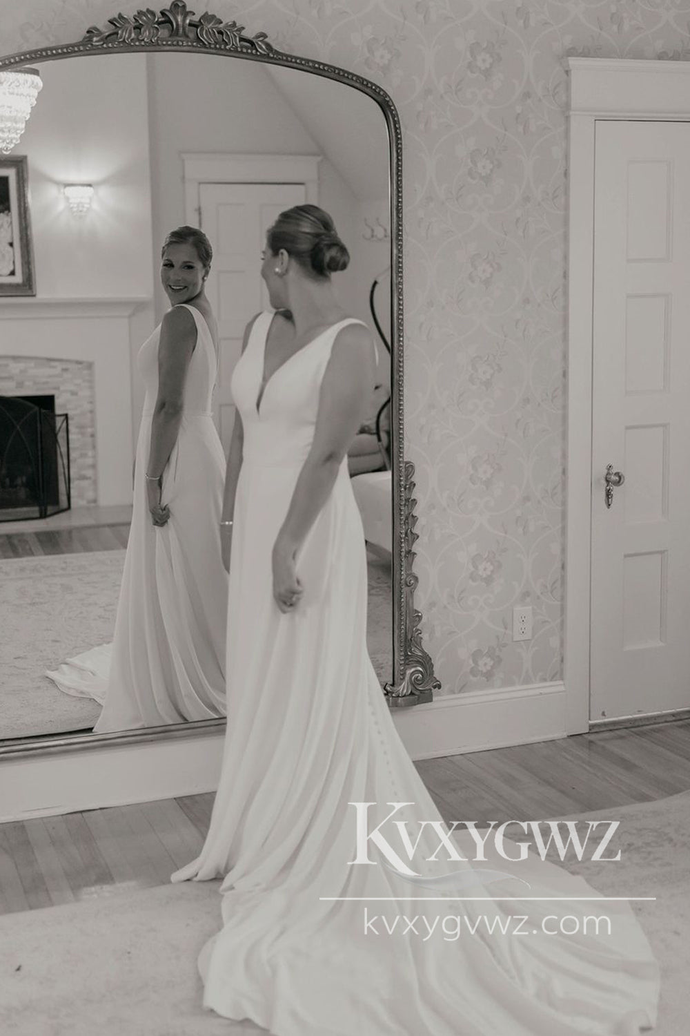Graceful Simple Sheath V Neck Elastic Satin Long Wedding Dresses Gown HS972