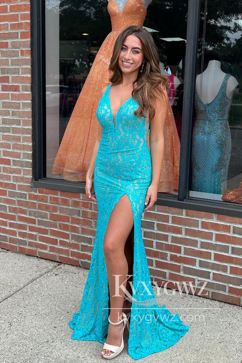 Blue V Neck Lace Evening Gown Mermaid Long Prom Dress with Slit LF973