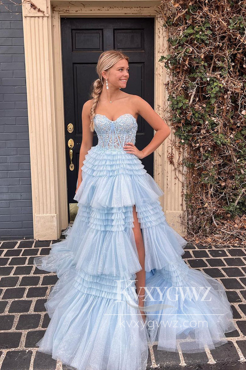 Light Blue Sweetheart Ruffles Tiered Evening Gown Tulle Long Prom Dress with Appliques LF974