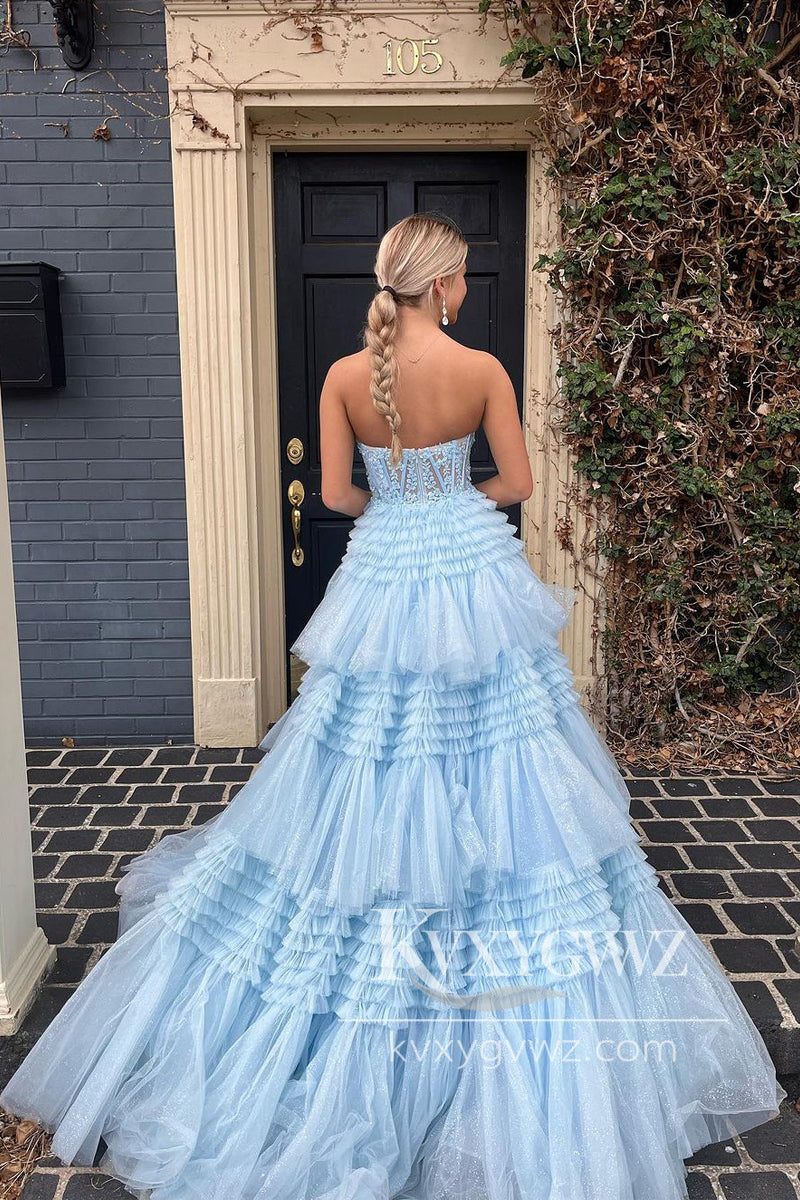 Light Blue Sweetheart Ruffles Tiered Evening Gown Tulle Long Prom Dress with Appliques LF974