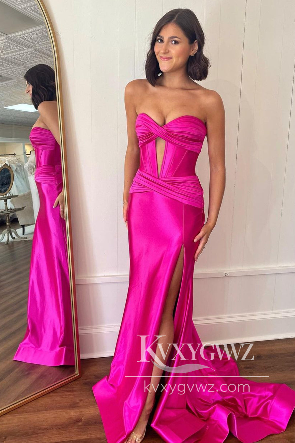 Charming Mermaid Evening Gown Sweetheart Hot Pink Satin Prom Dress with Slit LF975