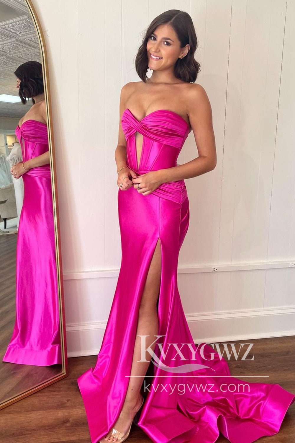 Charming Mermaid Evening Gown Sweetheart Hot Pink Satin Prom Dress with Slit LF975