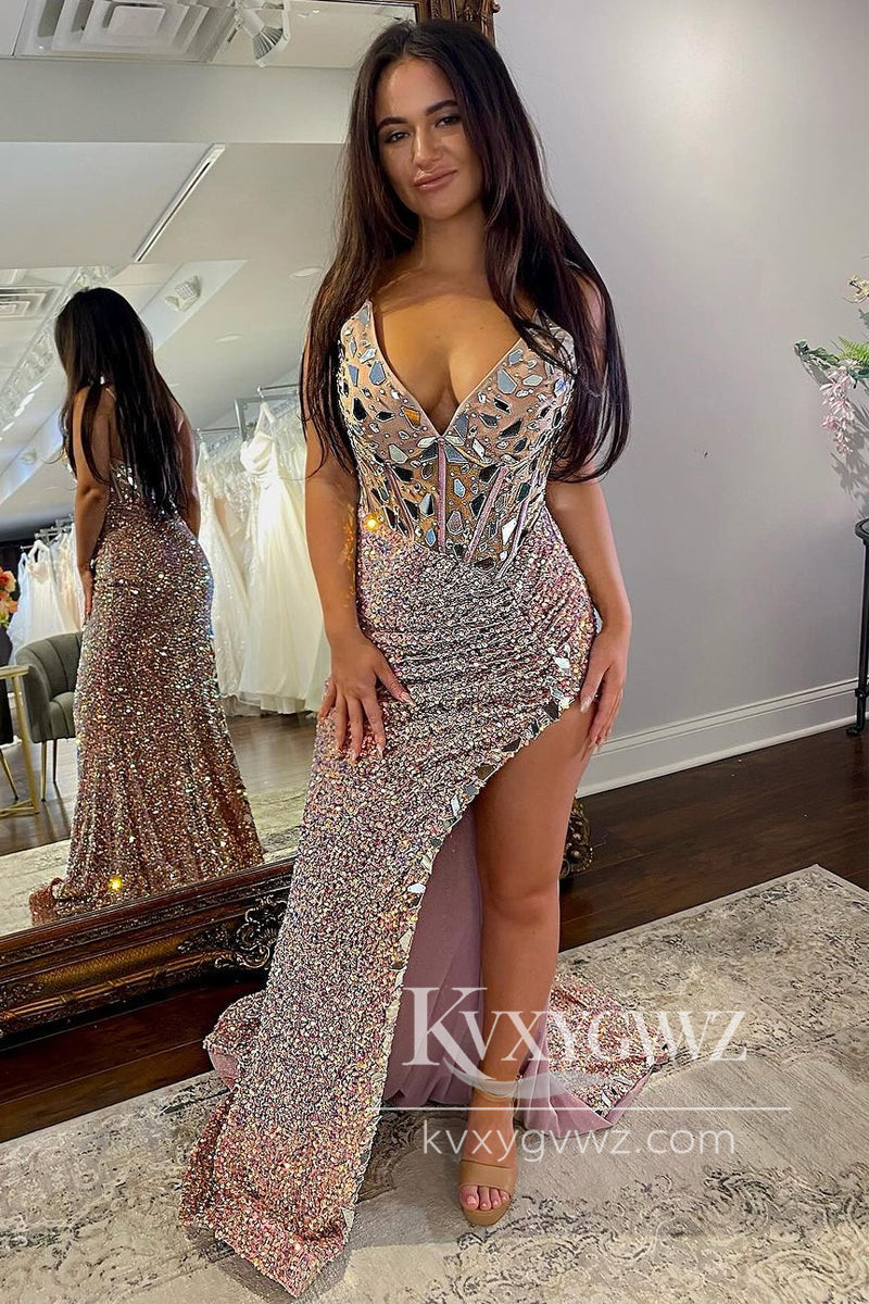 Black Sequins V Neck Evening Gown Mermaid Beading Prom Dress with Slit LF977