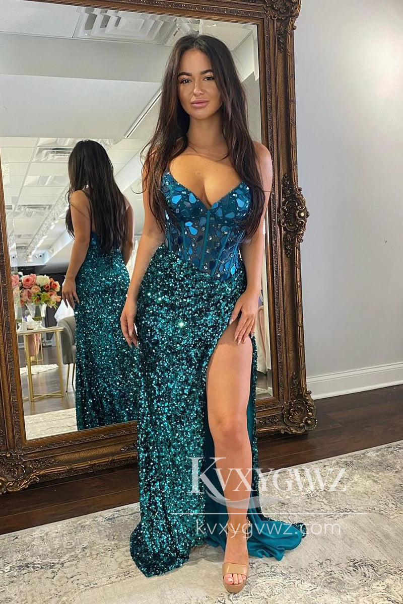 Black Sequins V Neck Evening Gown Mermaid Beading Prom Dress with Slit LF977