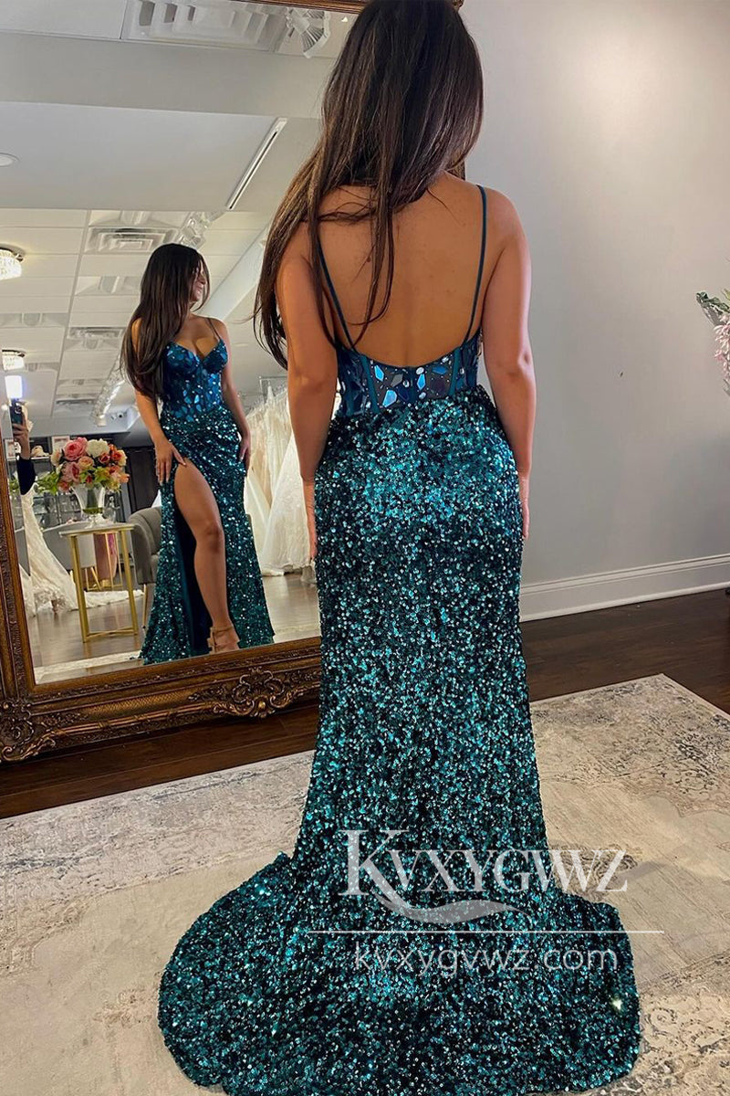 Black Sequins V Neck Evening Gown Mermaid Beading Prom Dress with Slit LF977