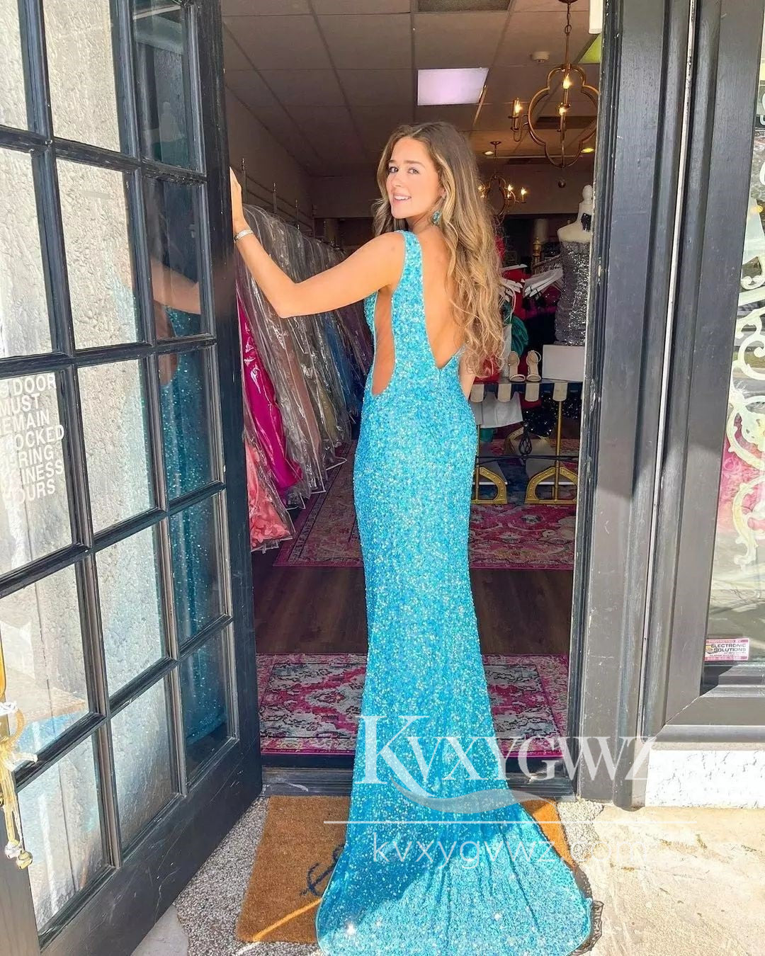 Conspicuous Mermaid Evening Gown Deep V Neck Blue Sequins Prom Dress LF978