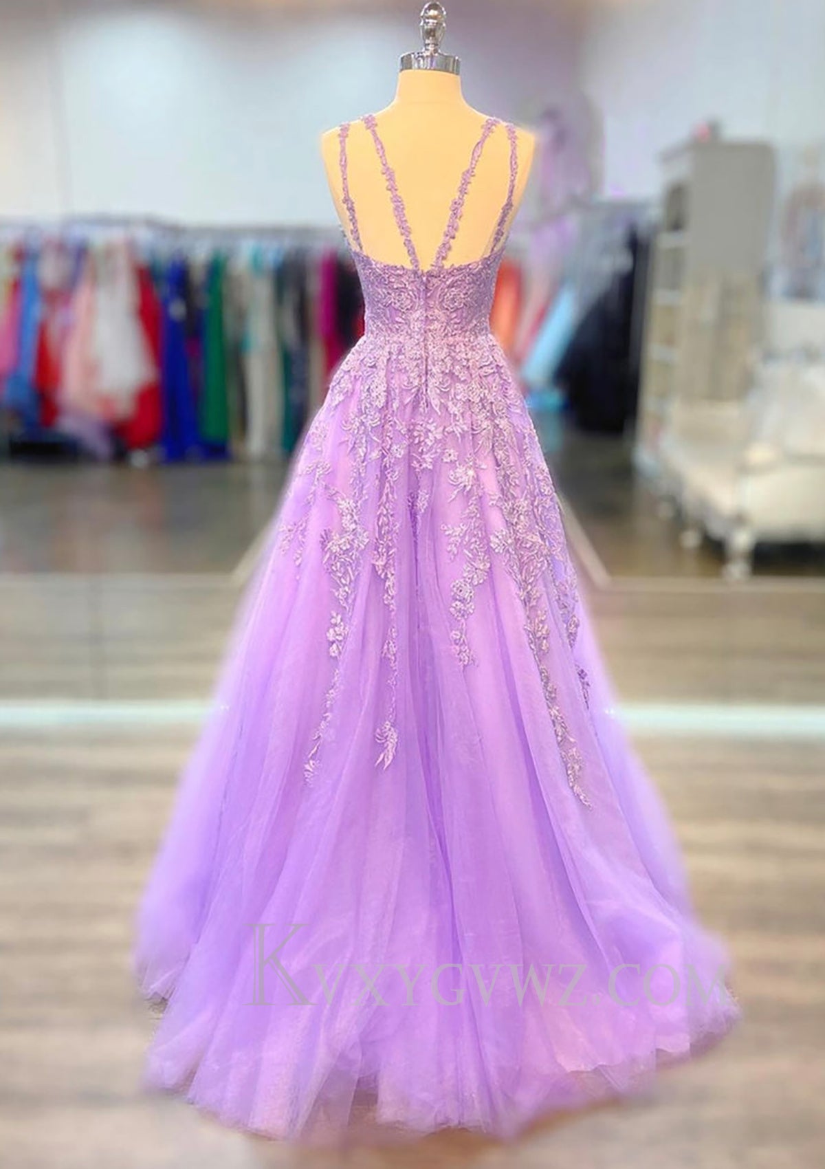 Romantic Beaded Long A-line Lace-embroidered Prom Dress LF098