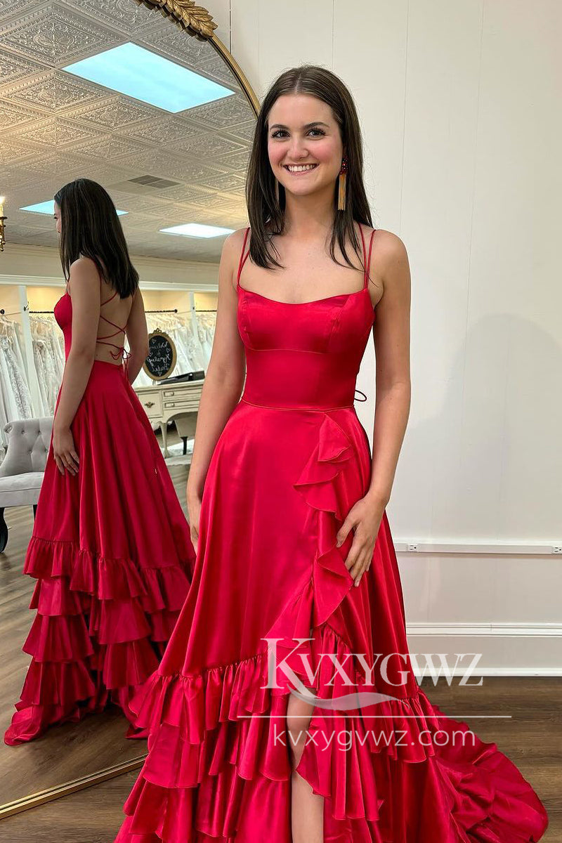 Spaghetti Strap A-Line Evening Gown Scoop Neck Satin Long Prom Dress with Slit LF982