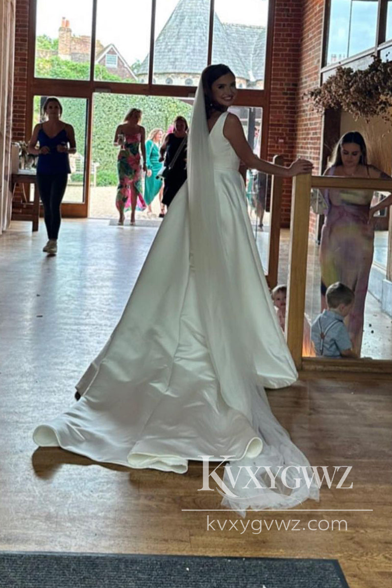 Graceful Square Neck White Satin Wedding Dresses Gown HS984