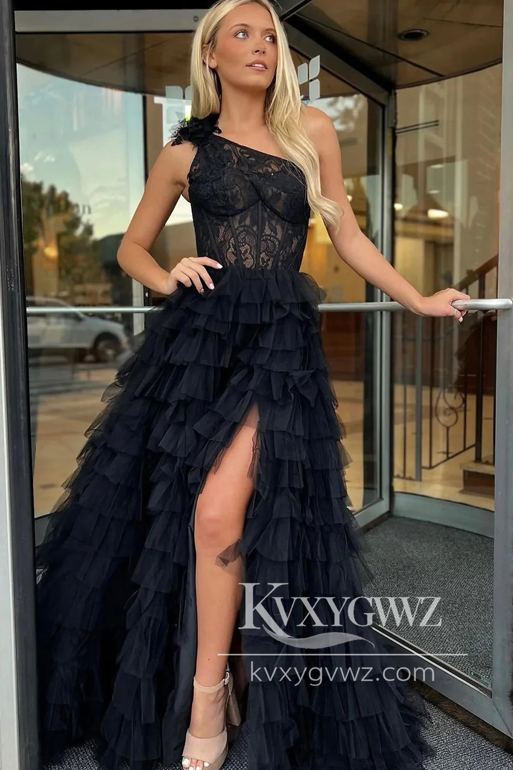 Black One Shoulder Evening Gown Corset Tiered Long Prom Dress with Ruffles LF985