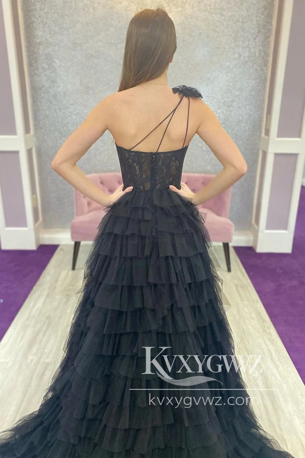 Black One Shoulder Evening Gown Corset Tiered Long Prom Dress with Ruffles LF985