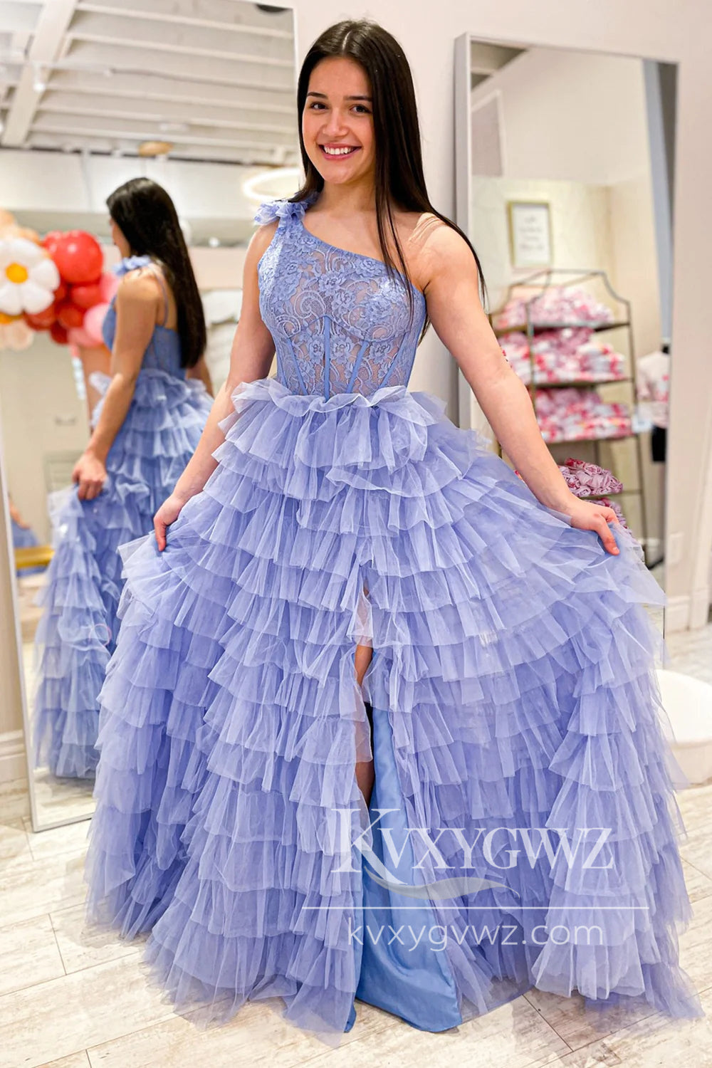 Black One Shoulder Evening Gown Corset Tiered Long Prom Dress with Ruffles LF985