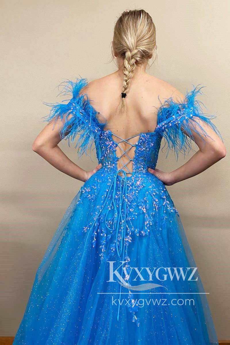 Blue Tulle Feather Off-the-Shoulder Evening Gown Lace-Up A-Line Long Prom Dress LF986