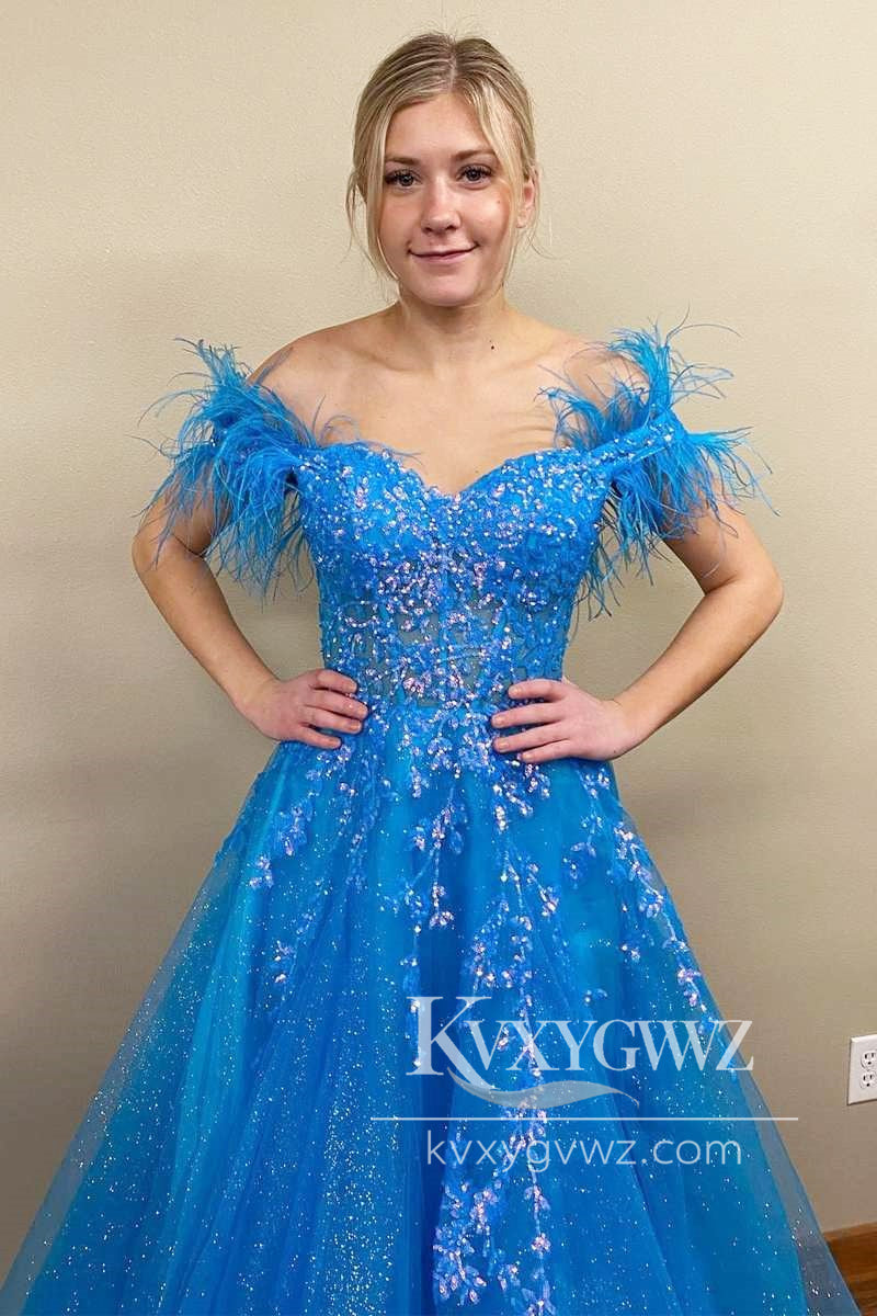 Blue Tulle Feather Off-the-Shoulder Evening Gown Lace-Up A-Line Long Prom Dress LF986