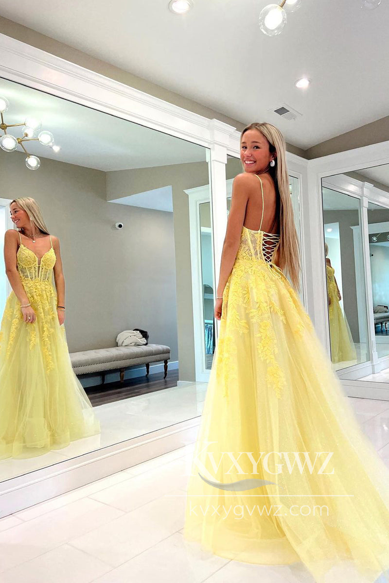 A-Line Spaghetti Straps Evening Gown Yellow Tulle Long Prom Dress with Appliques LF987