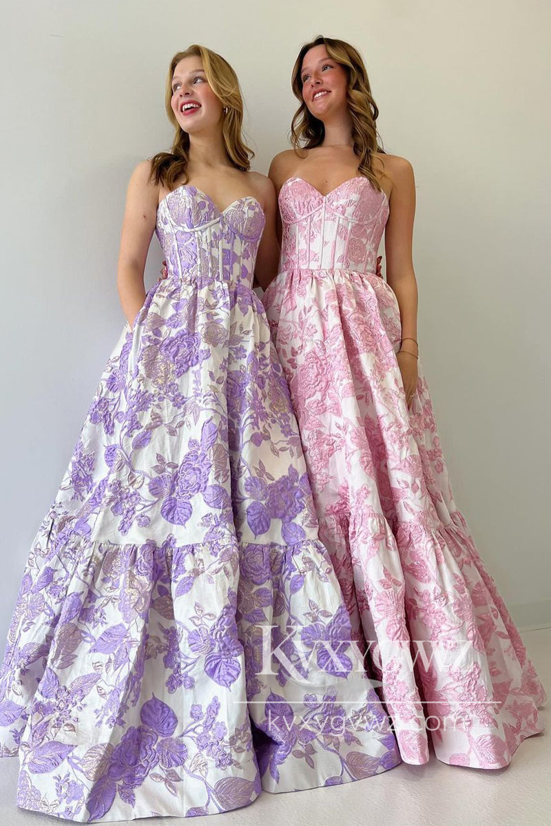 A-Line Sweetheart Evening Gown Floral Printed Long Prom Dress LF988