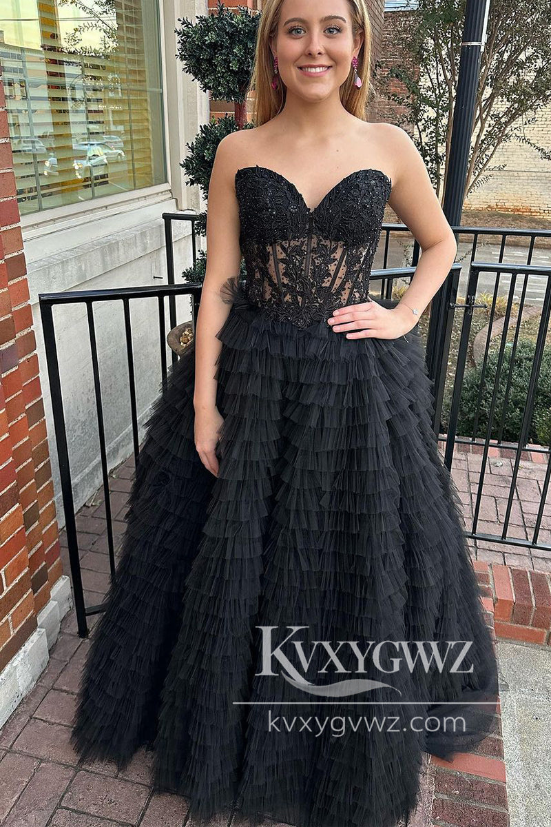 Black Sweetheart Evening Gown Tiered Tulle Long Prom Dress with Appliques LF989