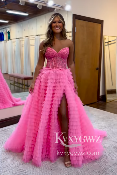 Black Sweetheart Evening Gown Tiered Tulle Long Prom Dress with Appliques LF989