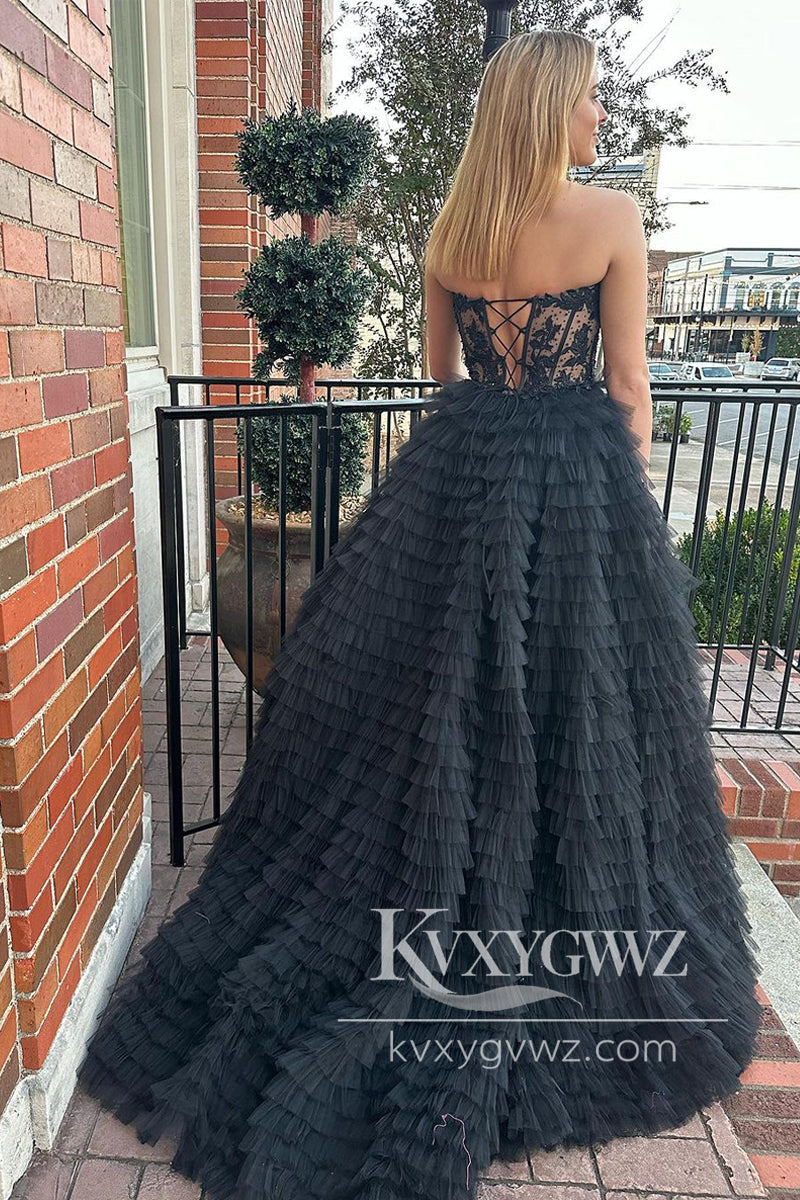 Black Sweetheart Evening Gown Tiered Tulle Long Prom Dress with Appliques LF989