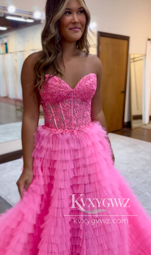 Black Sweetheart Evening Gown Tiered Tulle Long Prom Dress with Appliques LF989