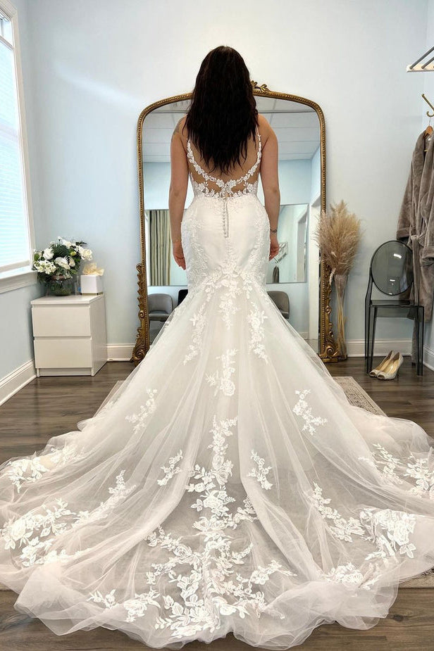 Glamorous Mermaid V Neck Lace Wedding Dresses Gown HS675