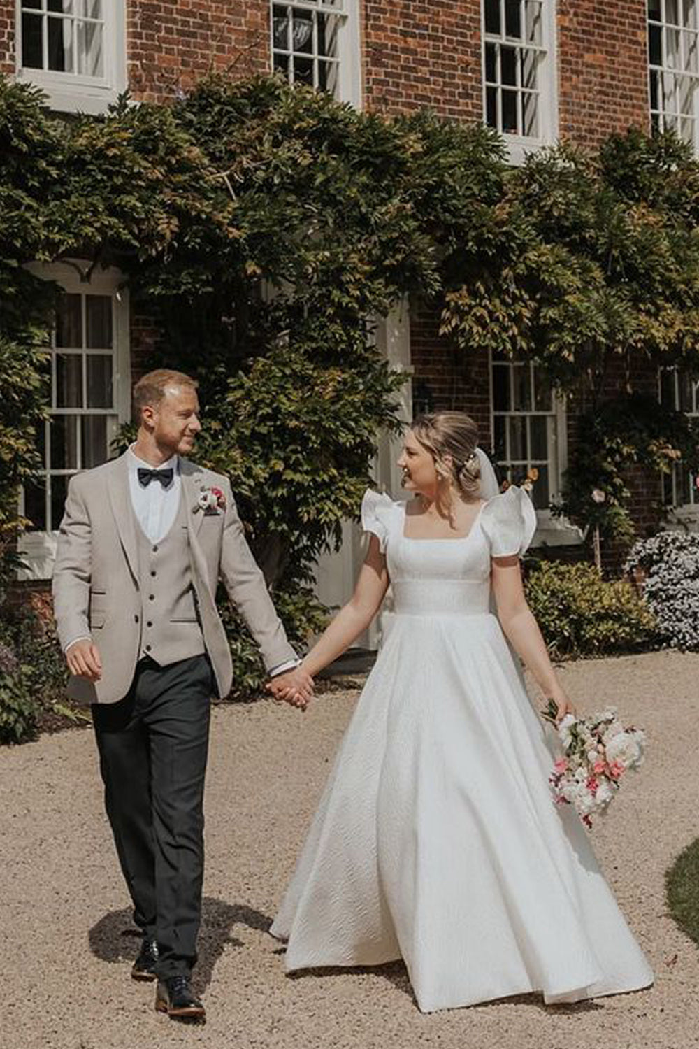 Pastoral Style A Line Square Neck Satin Long Wedding Dresses Gown with Ruffled Sleeves HS953