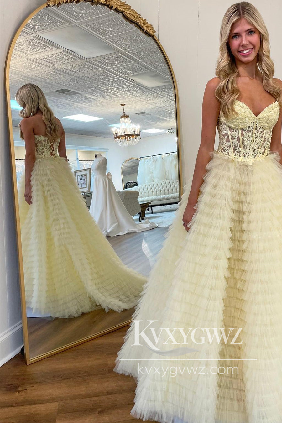 A-Line Yellow Appliques Evening Gown Sweetheart Ruffles Tiered Tulle Prom Dress LF990