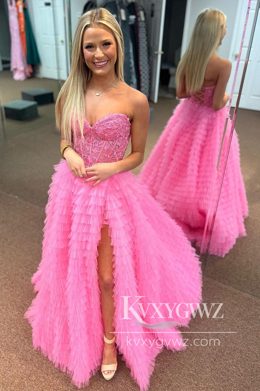 A-Line Yellow Appliques Evening Gown Sweetheart Ruffles Tiered Tulle Prom Dress LF990