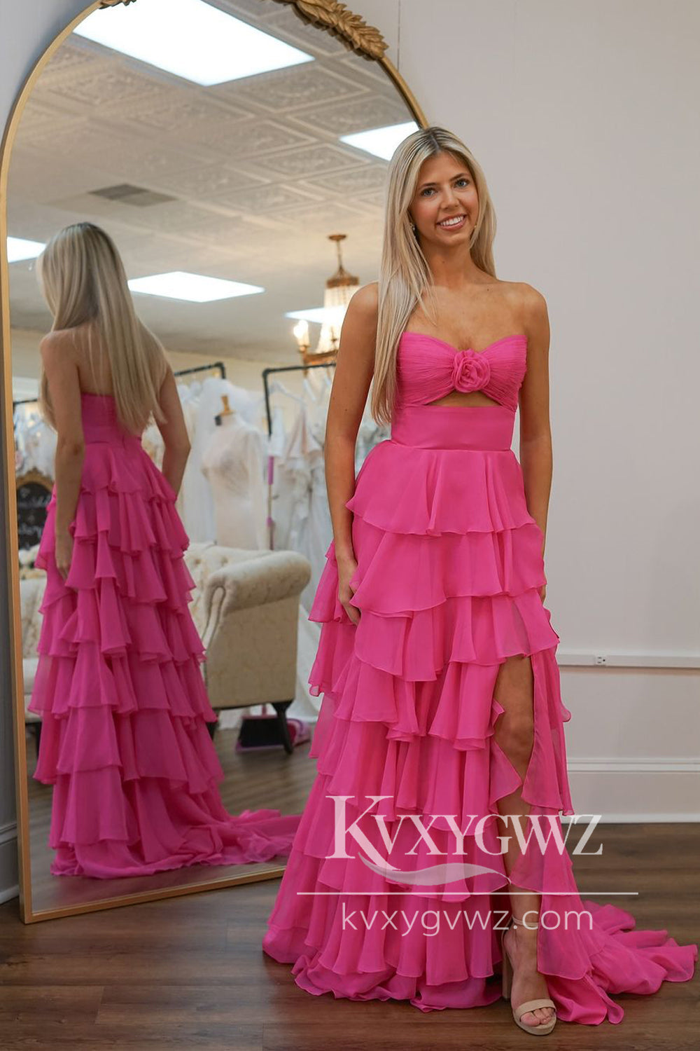 Fairy A Line Sweetheart Evening Gown Fuchsia Chiffon Prom Dress with Slit LF991