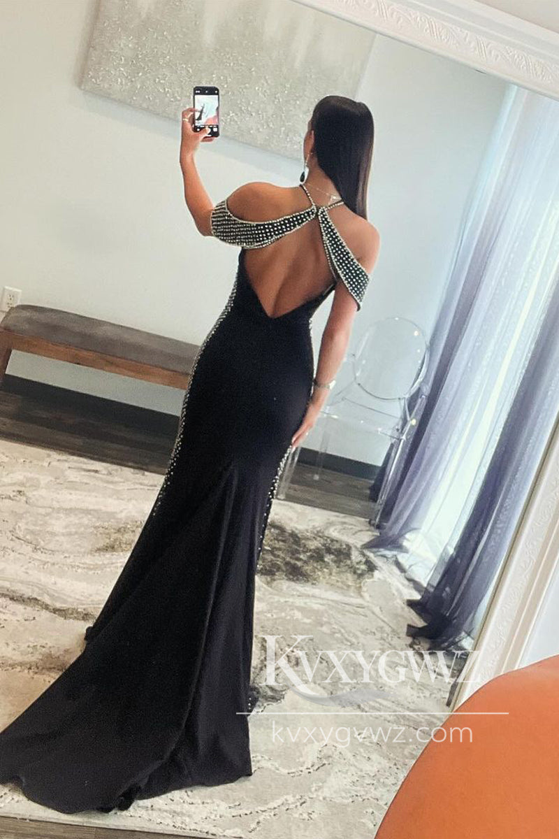 Black Halter Evening Gown Satin Mermaid Long Prom Dress with Beading LF992
