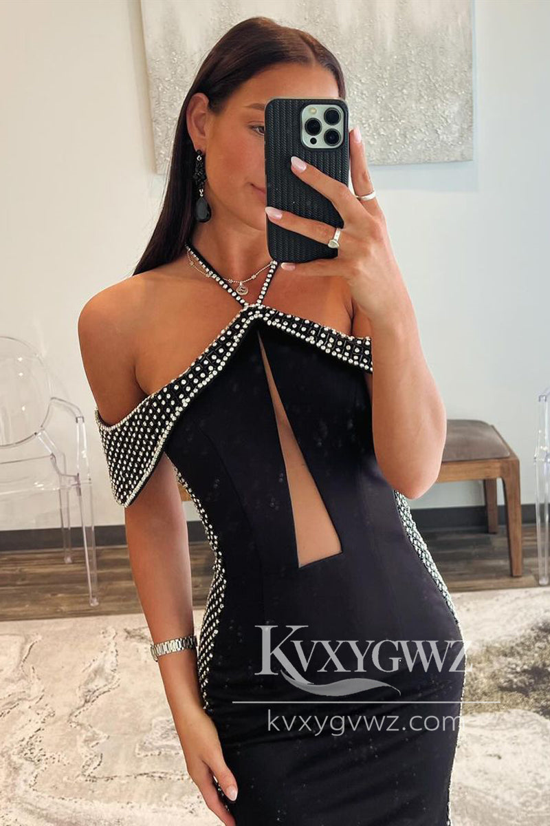 Black Halter Evening Gown Satin Mermaid Long Prom Dress with Beading LF992