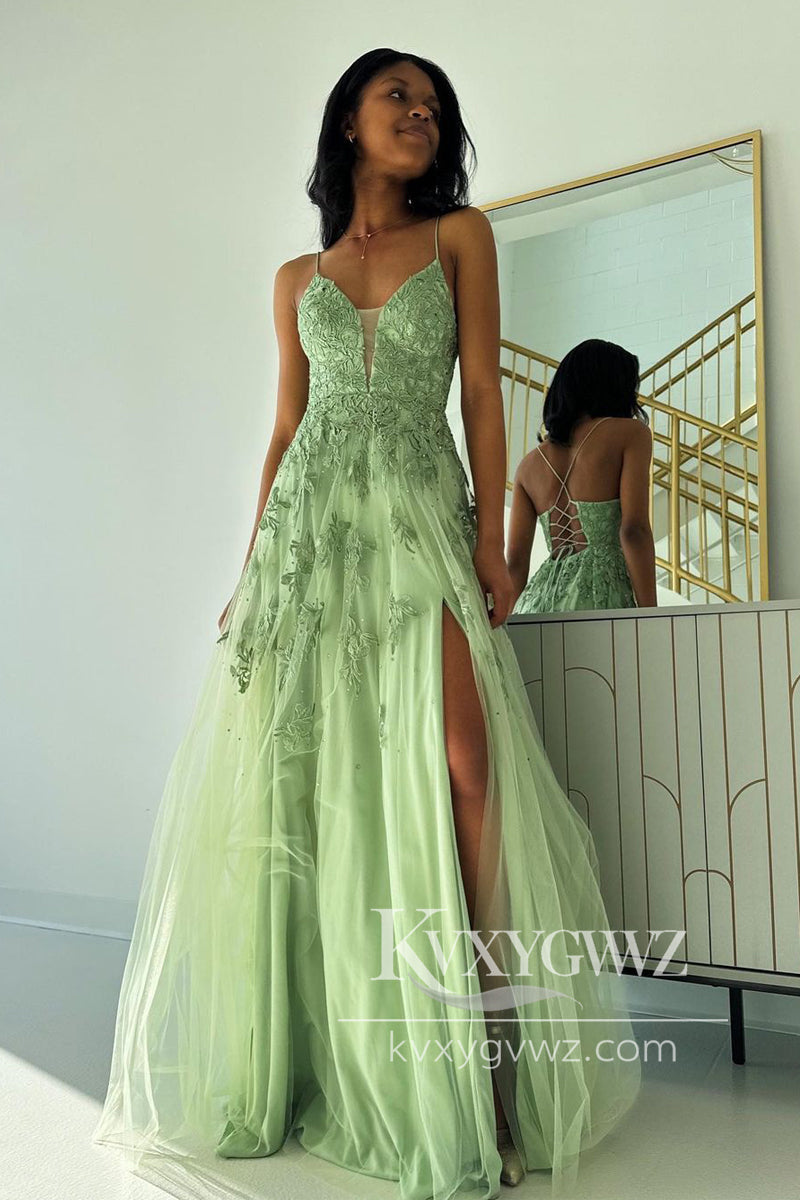 Spaghetti Strap A-Line V Neck Evening Gown Sage Green Tulle Long Prom Dress with Appliques LF996