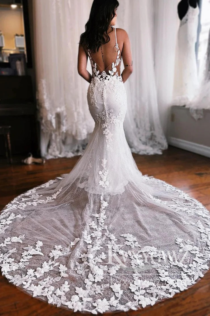 Pastoral Style Mermaid V Neck Lace Tulle Long Wedding Dresses Gown with Appliques HS996