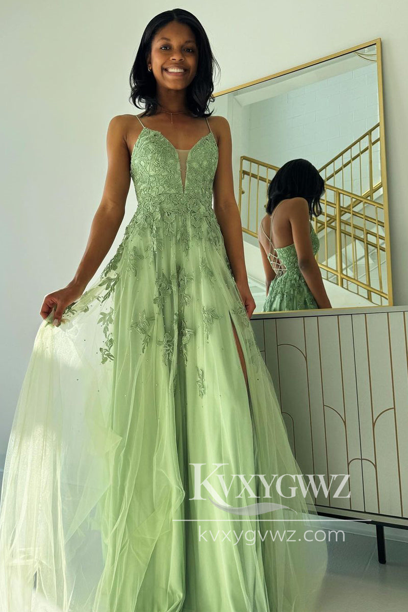 Spaghetti Strap A-Line V Neck Evening Gown Sage Green Tulle Long Prom Dress with Appliques LF996
