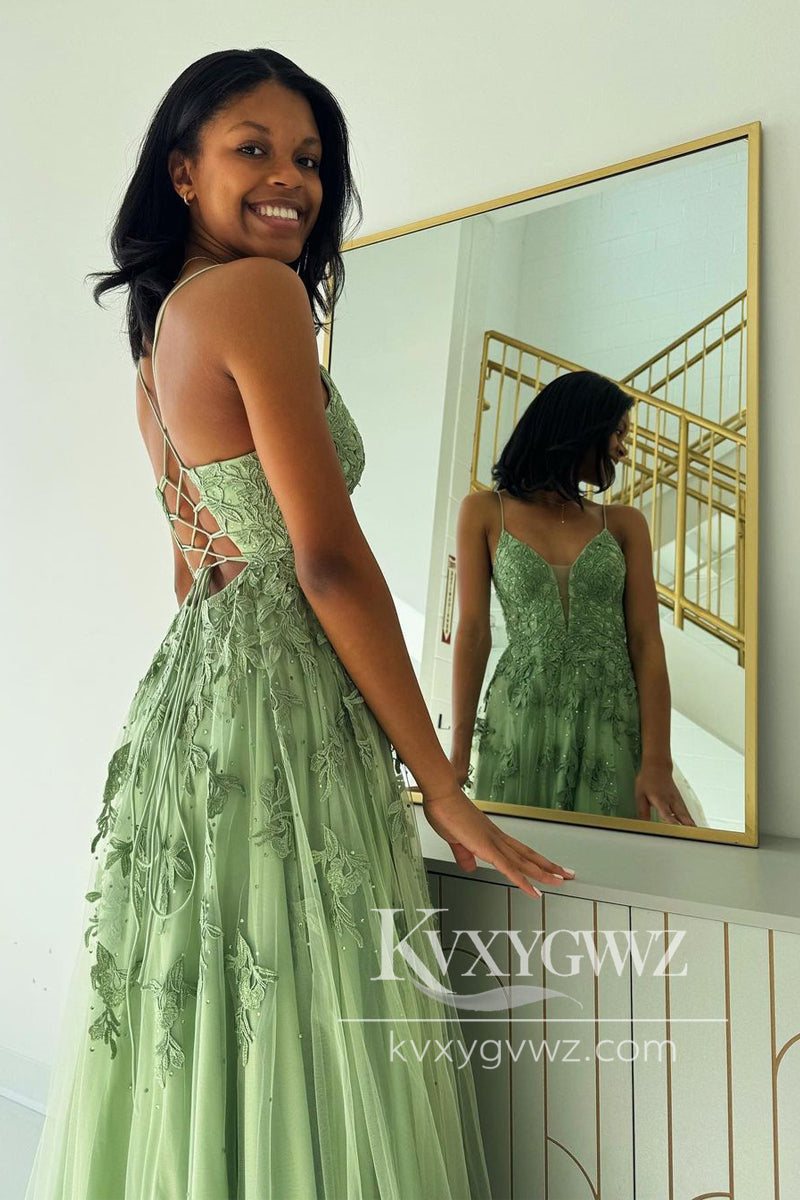 Spaghetti Strap A-Line V Neck Evening Gown Sage Green Tulle Long Prom Dress with Appliques LF996