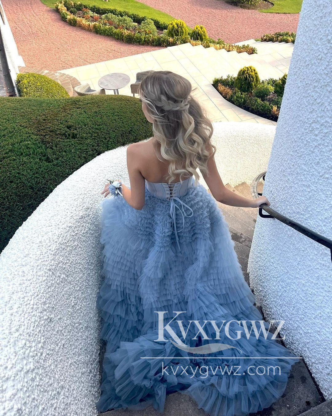A-Line Sweetheart Evening Gown Tiered Ruffled Tulle Long Prom Dress LF999