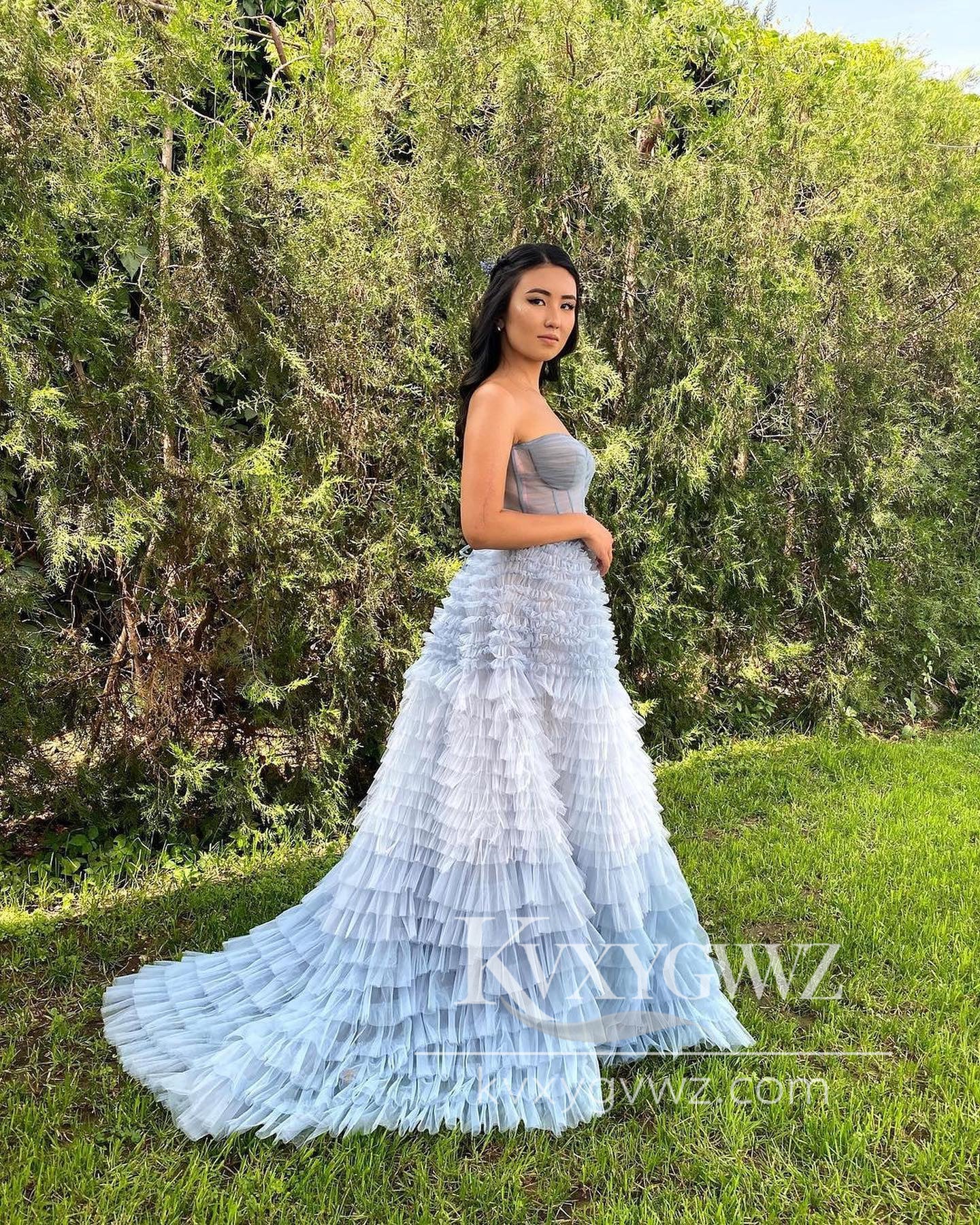A-Line Sweetheart Evening Gown Tiered Ruffled Tulle Long Prom Dress LF999