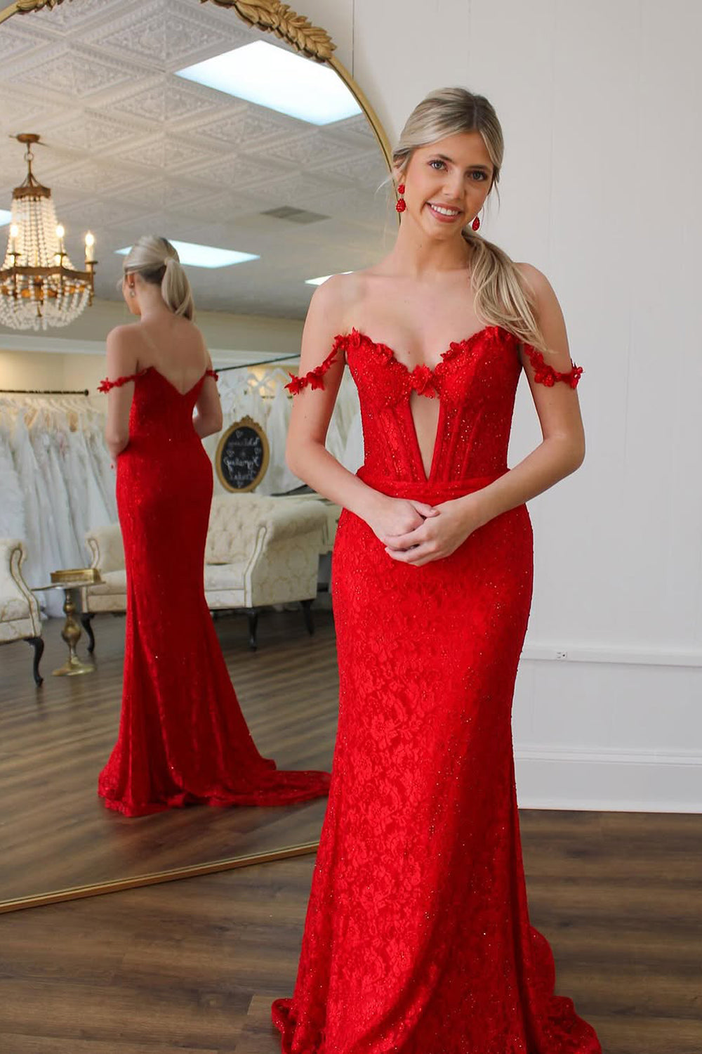 Mermaid Off the Shoulder Red Lace Long Prom Dress Gown with Beads LF1370