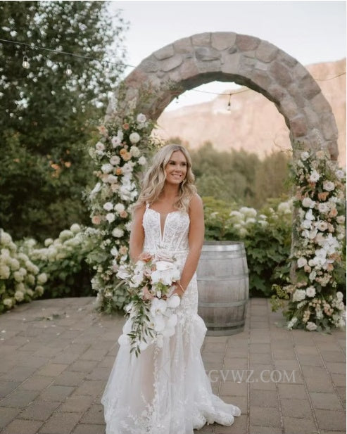 Off The Shoulder Mermaid Sweep Train Wedding Gown/Dress With Appliques HS467