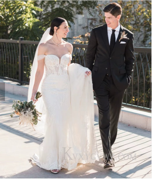 Elegant Off The Shoulder Mermaid Ivory Wedding Gown/Dress With Lace HS404