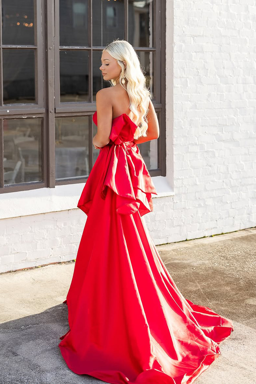 Mermaid Strapless Red Satin Long Prom Dress Gown with Bowknot LF1329