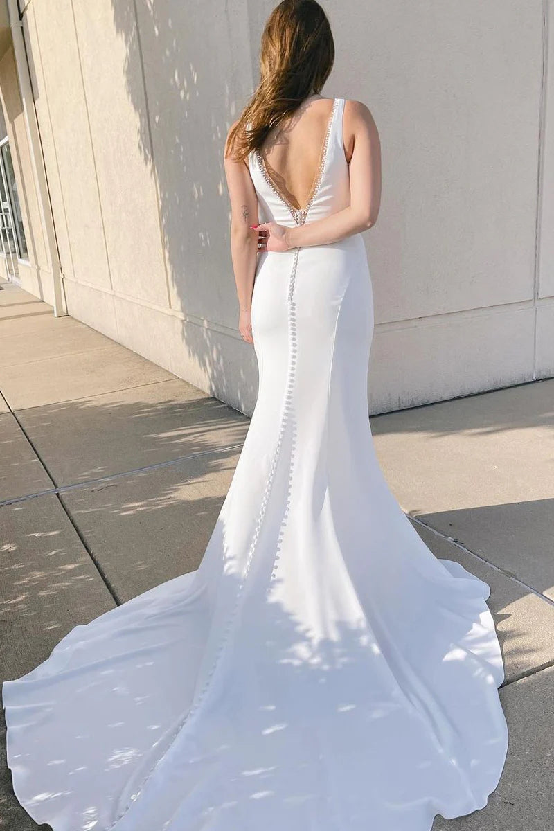 Chic Mermaid V Neck Satin Wedding Dresses Gown with Beading HS845