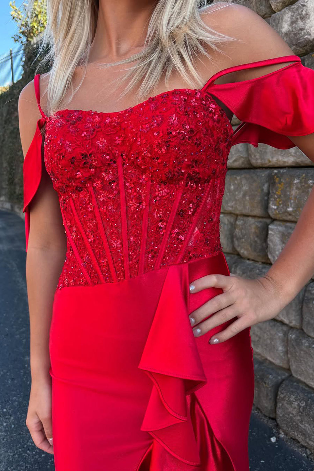Mermaid Cold Shoulder Red Satin Long Prom Dress Gown with Ruffle Slit LF1338