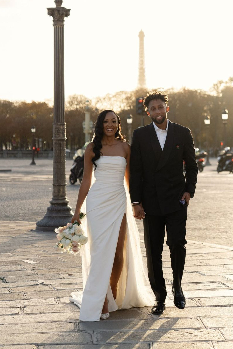 Glamorous Sheath Strapless White Elasitc Satin Wedding Dresses Gown with Slit HS690
