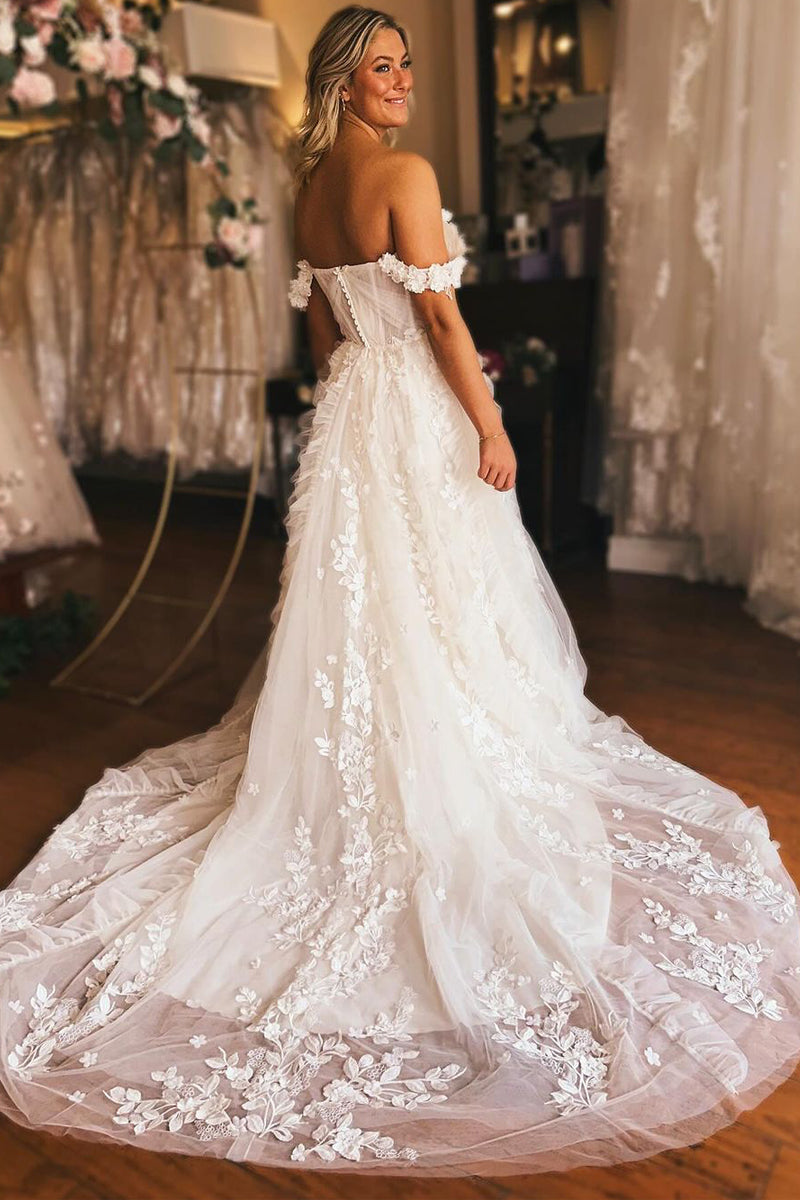 A-Line Off the Shoulder White Tulle Wedding Dresses Gown with Appliques HS842