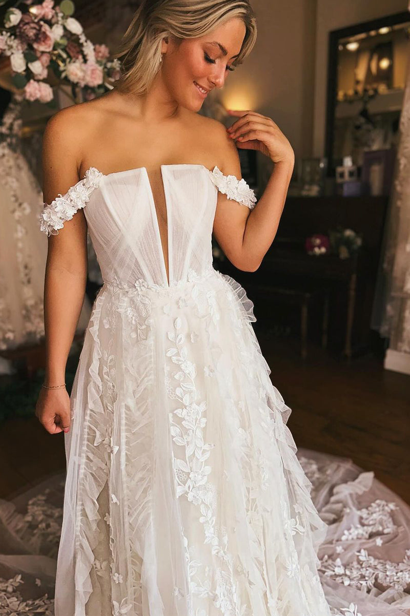A-Line Off the Shoulder White Tulle Wedding Dresses Gown with Appliques HS842