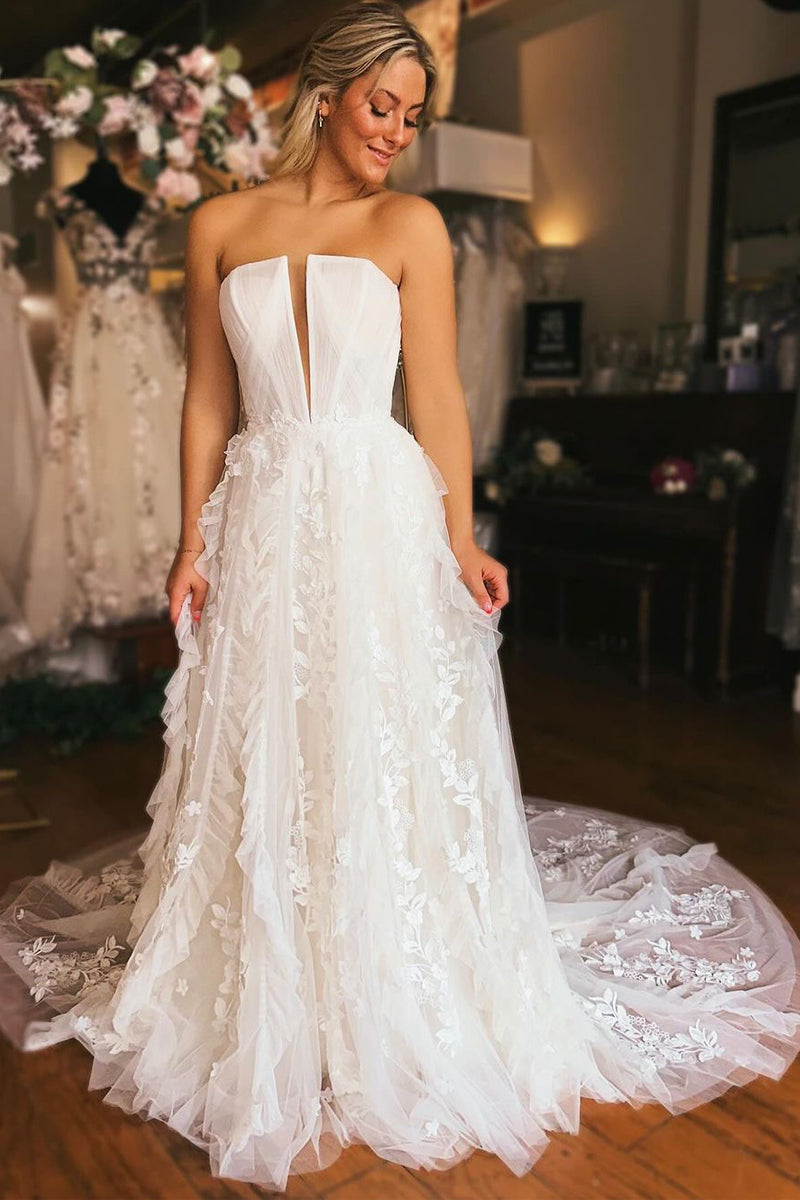 A-Line Off the Shoulder White Tulle Wedding Dresses Gown with Appliques HS842