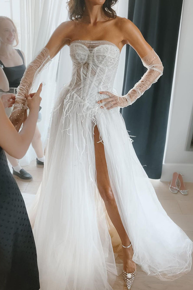 Fariy A Line Sweetheart Beaded Tulle Slit Wedding Dresses Gown with Feather HS847