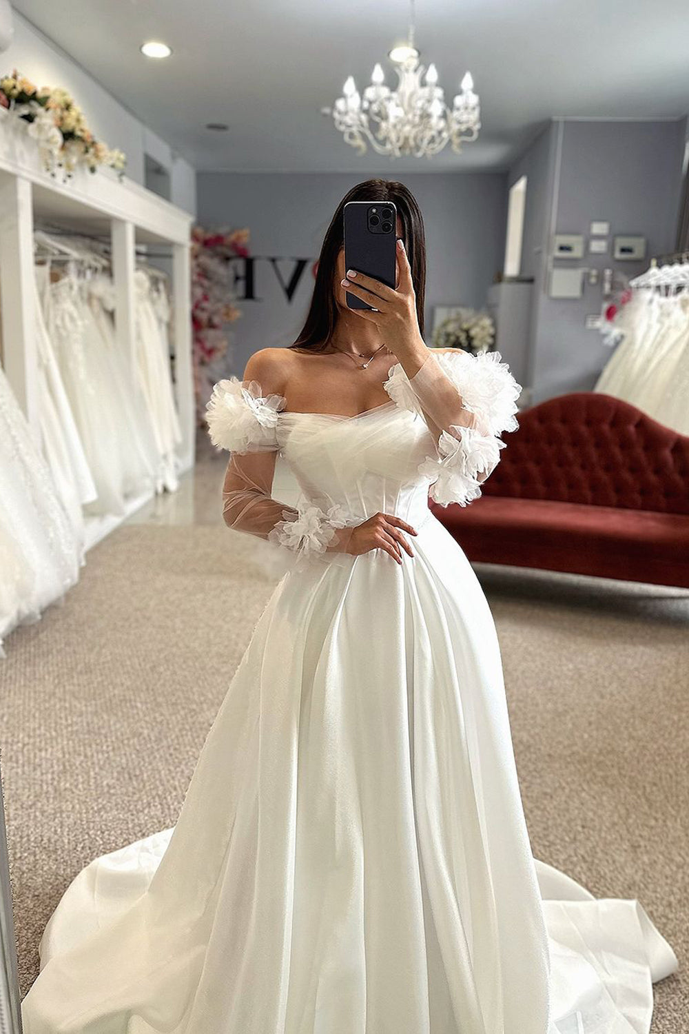 Ball Gown Off the Sholder Long Sleeves Satin Wedding Dresses Gown HS747