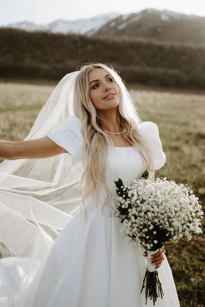 Ball Gown Square Neck White Satin Wedding Dresses Gown HS905
